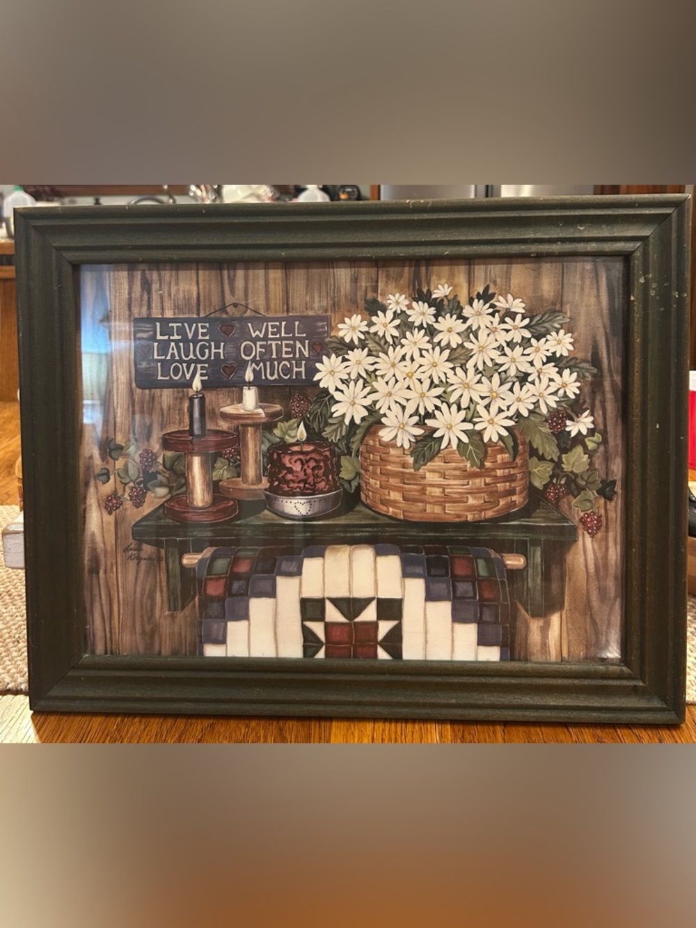 Framed Country Floral Basket Wall Art with Quilted Motif